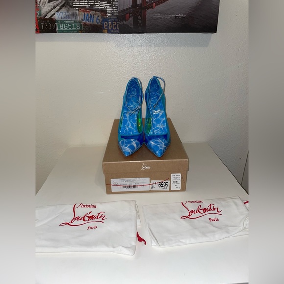 CHRISTIAN LOUBOUTIN DEBOUT CONDORAPIK 100 VINYL & PATENT PUMP LIN BLUE SPLASH - Picture 6 of 13